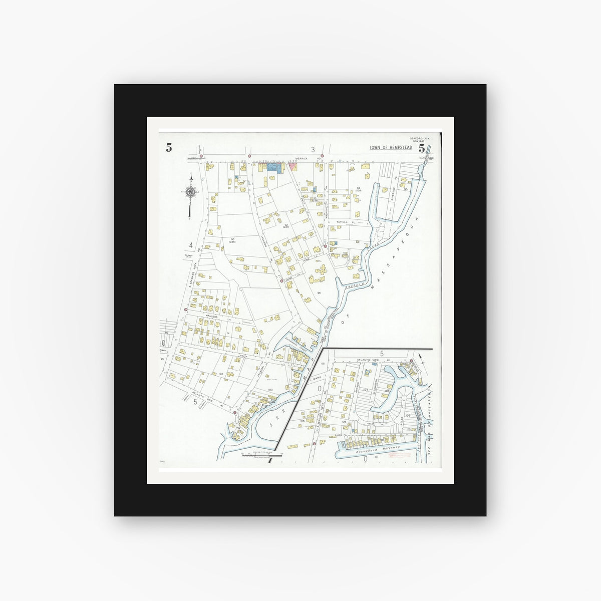 Old map wall art mockup — black gallery frame with white mat — Sanborn Fire Insurance Map from Seaford, Nassau County, New York (1947), Sheet #0005