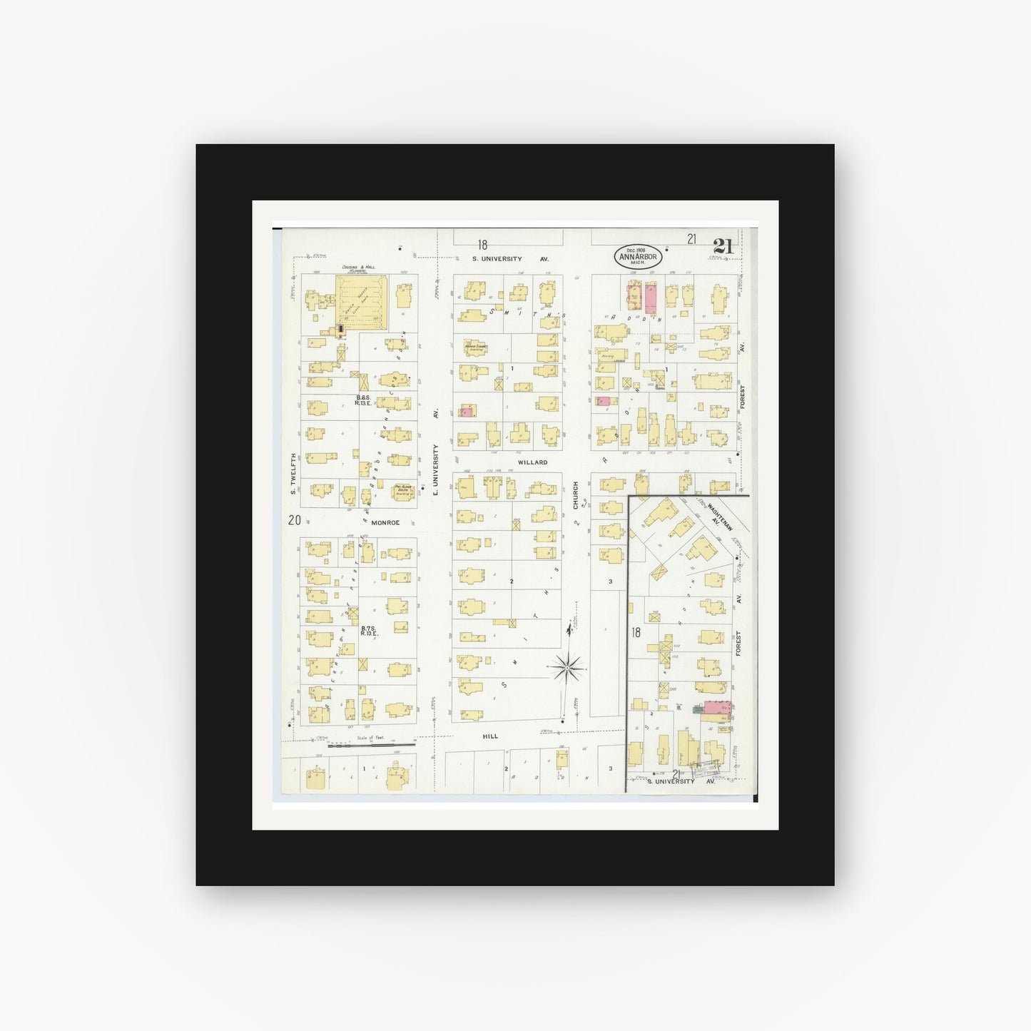 Old map wall art mockup — black gallery frame with white mat — Sanborn Fire Insurance Map from Ann Arbor, Washtenaw County, Michigan (1908), Sheet #0021