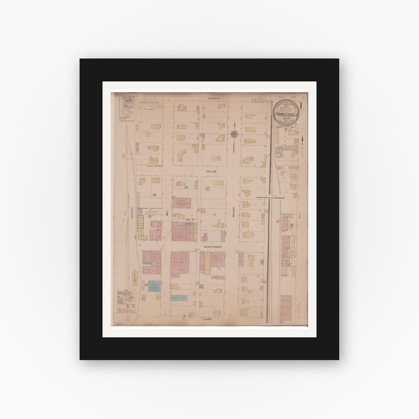 Old map wall art mockup — black gallery frame with white mat — Sanborn Fire Insurance Map from Francesville, Pulaski County, Indiana (1933) - Complete Map Set
