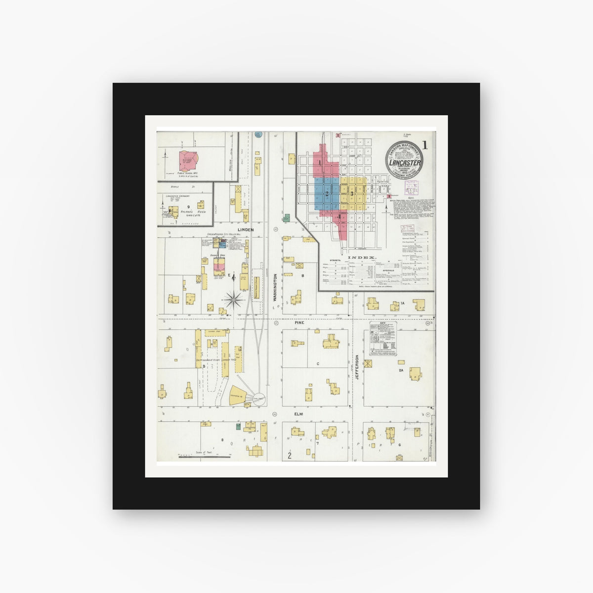 Old map wall art mockup — black gallery frame with white mat — Sanborn Fire Insurance Map from Lancaster, Grant County, Wisconsin (1905) - Complete Map Set