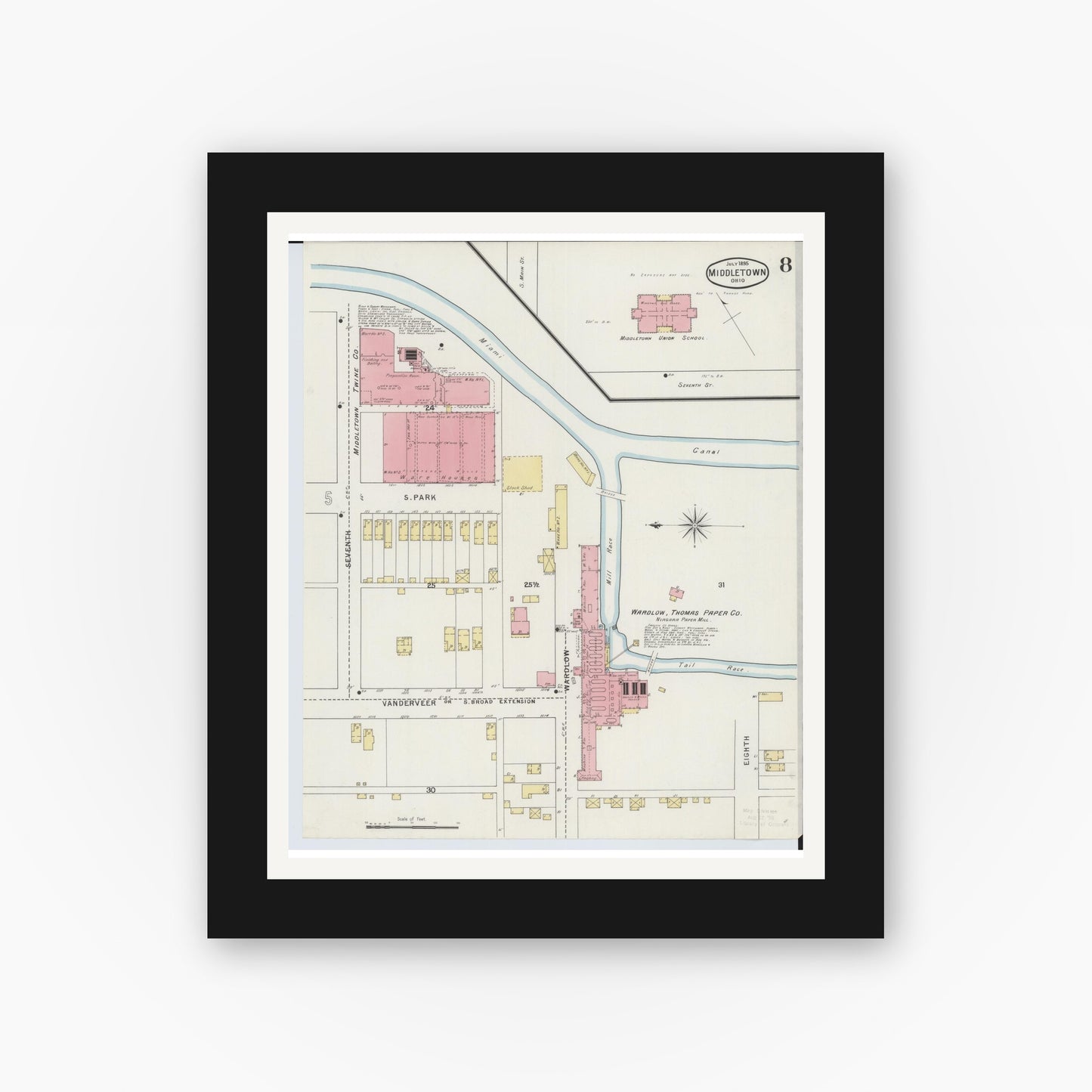 Old map wall art mockup — black gallery frame with white mat — Sanborn Fire Insurance Map from Middletown, Butler County, Ohio (1895), Sheet #0008