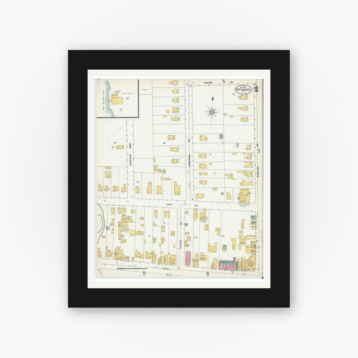 Old map wall art mockup — black gallery frame with white mat — Sanborn Fire Insurance Map from Patchogue, Suffolk County, New York (1902) - Complete Map Set