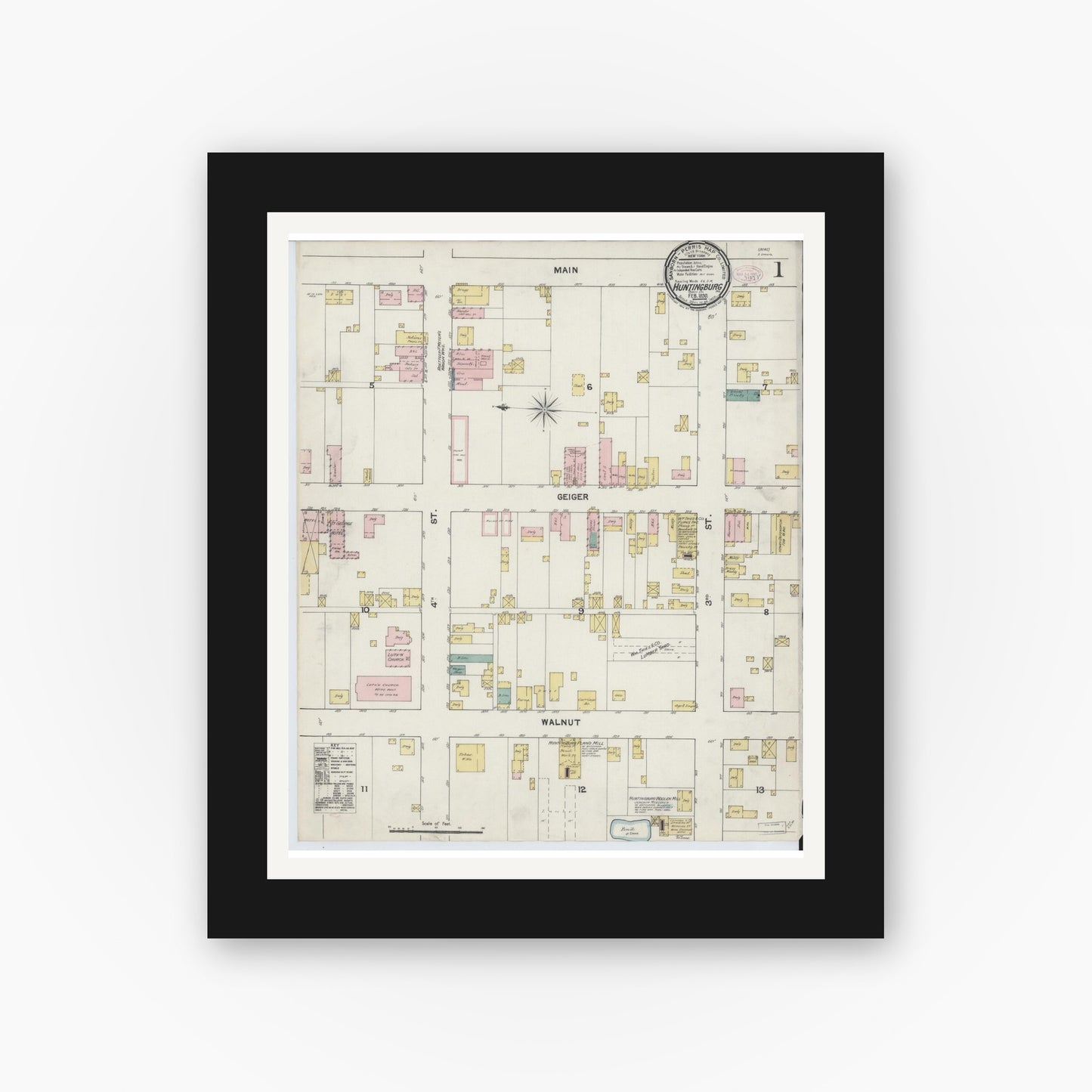 Old map wall art mockup — black gallery frame with white mat — Sanborn Fire Insurance Map from Huntingburg, Dubois County, Indiana (1890) - Complete Map Set