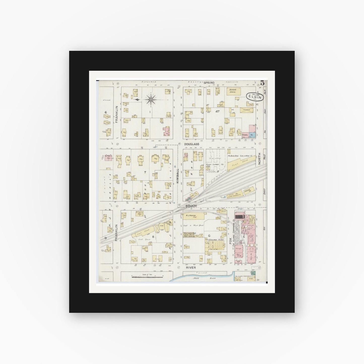 Old map wall art mockup — black gallery frame with white mat — Sanborn Fire Insurance Map from Elgin, Kane County, Illinois (1887), Sheet #0005