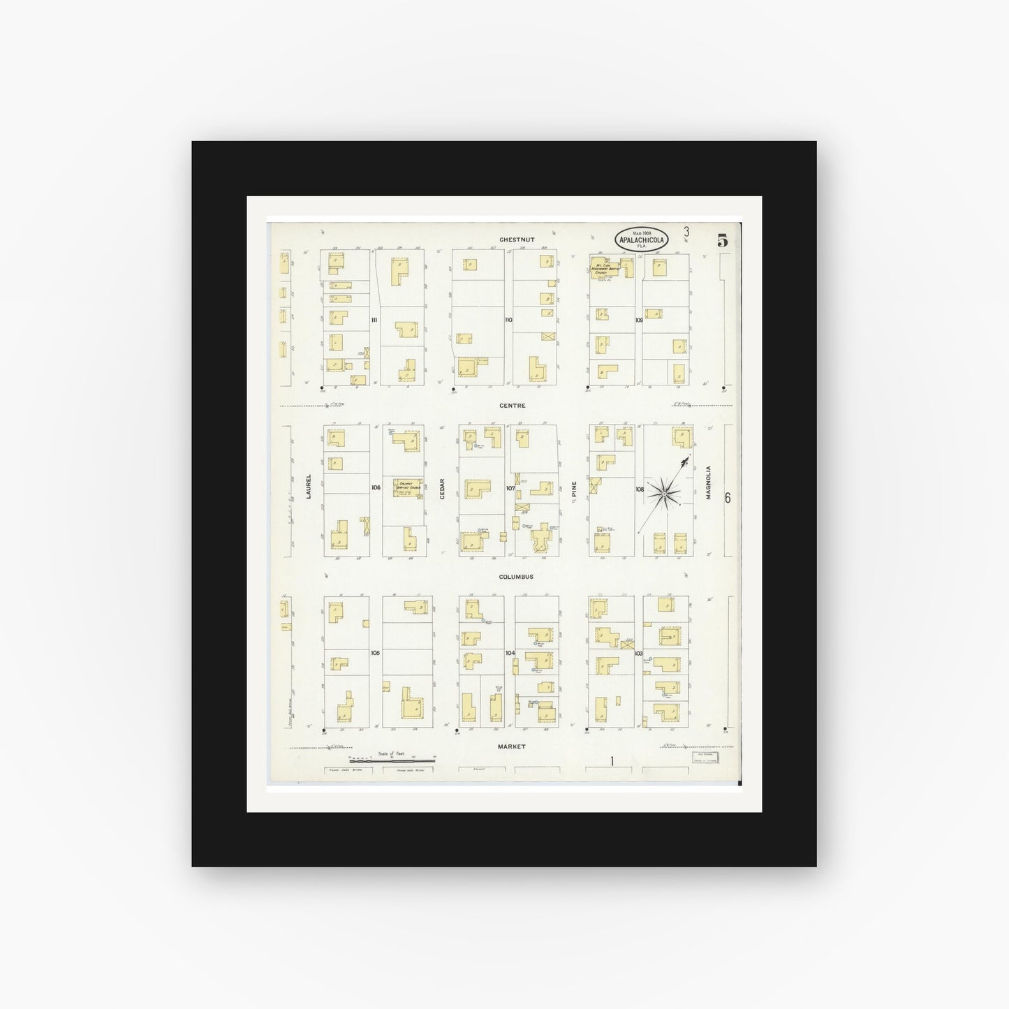 Old map wall art mockup — black gallery frame with white mat — Sanborn Fire Insurance Map from Apalachicola, Franklin County, Florida (1909), Sheet #0005