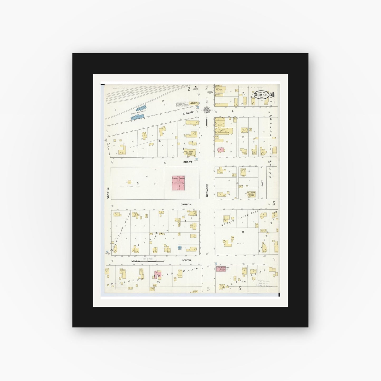 Old map wall art mockup — black gallery frame with white mat — Sanborn Fire Insurance Map from Stryker, Williams County, Ohio (1916), Sheet #0004