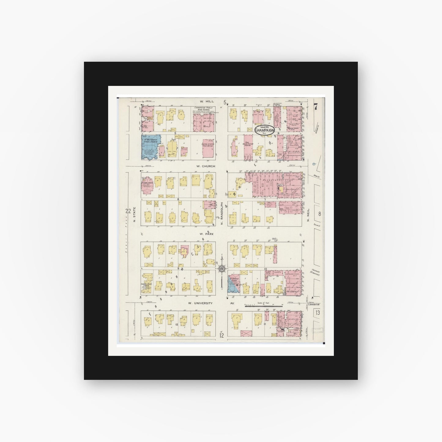Old map wall art mockup — black gallery frame with white mat — Sanborn Fire Insurance Map from Champaign, Champaign County, Illinois (1915), Sheet #0007