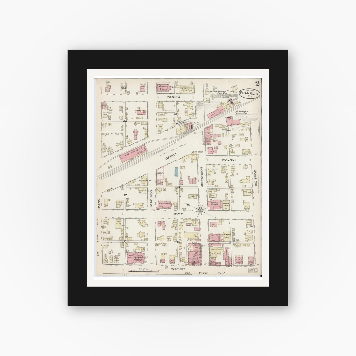 Old map wall art mockup — black gallery frame with white mat — Sanborn Fire Insurance Map from Franklin, Johnson County, Indiana (1886), Sheet #0002