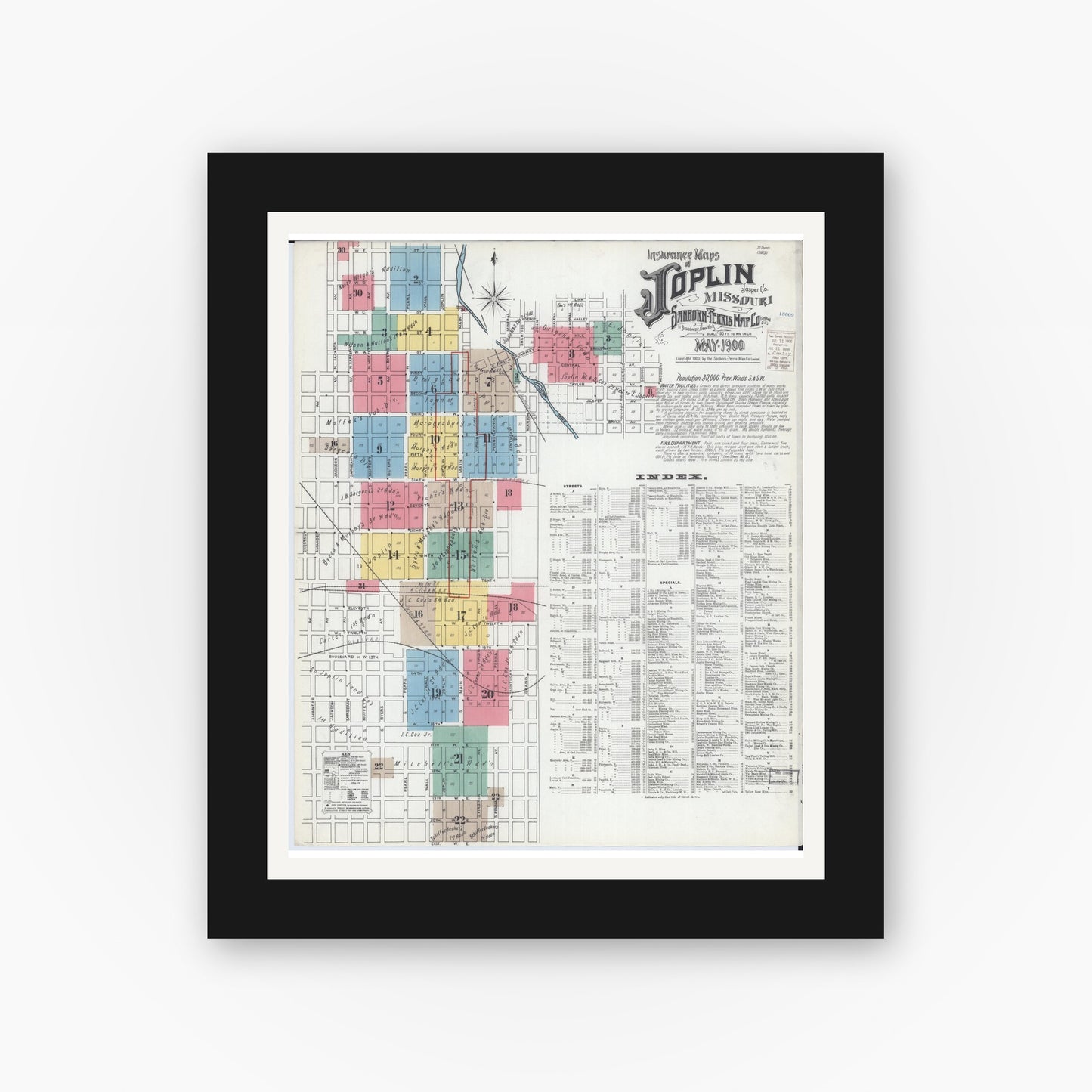 Old map wall art mockup — black gallery frame with white mat — Sanborn Fire Insurance Map from Joplin, Jasper County, Missouri (1900) - Complete Map Set