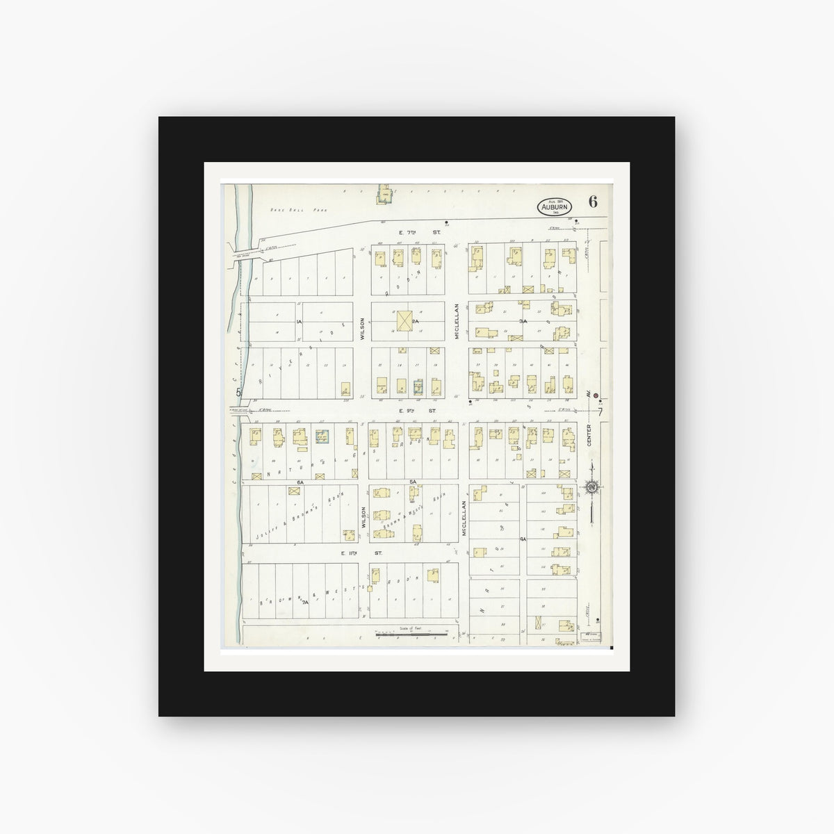Old map wall art mockup — black gallery frame with white mat — Sanborn Fire Insurance Map from Auburn, De Kalb County, Indiana (1914), Sheet #0006