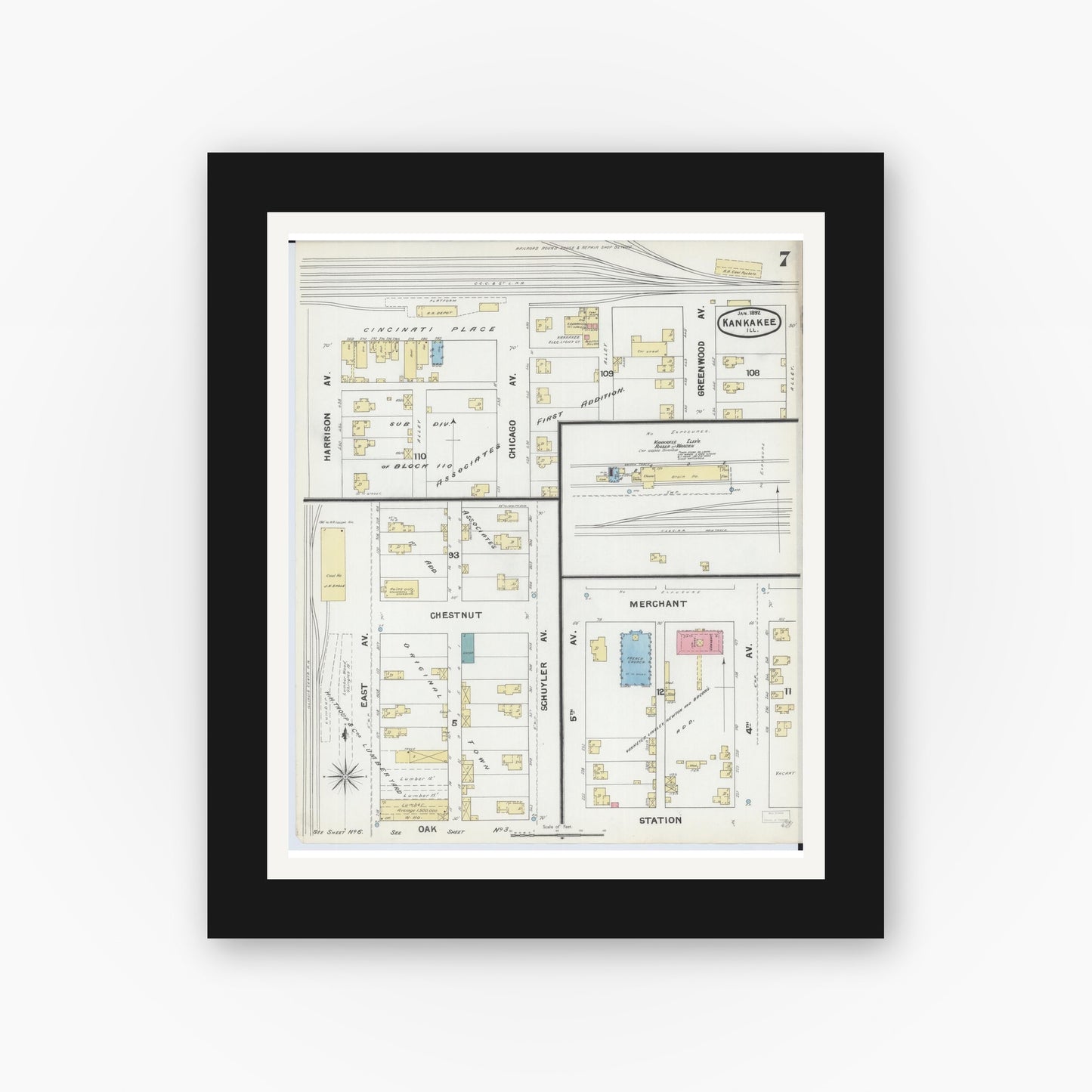 Old map wall art mockup — black gallery frame with white mat — Sanborn Fire Insurance Map from Kankakee, Kankakee County, Illinois (1892), Sheet #0007