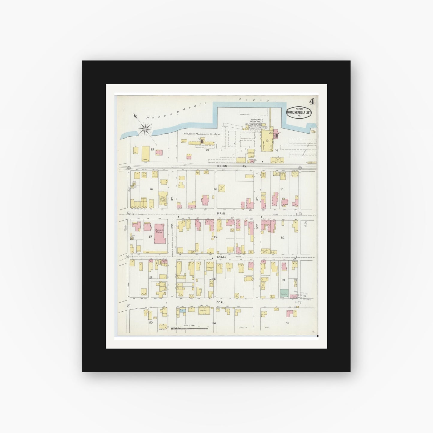 Old map wall art mockup — black gallery frame with white mat — Sanborn Fire Insurance Map from Monongahela City, Washington County, Pennsylvania (1895), Sheet #0004