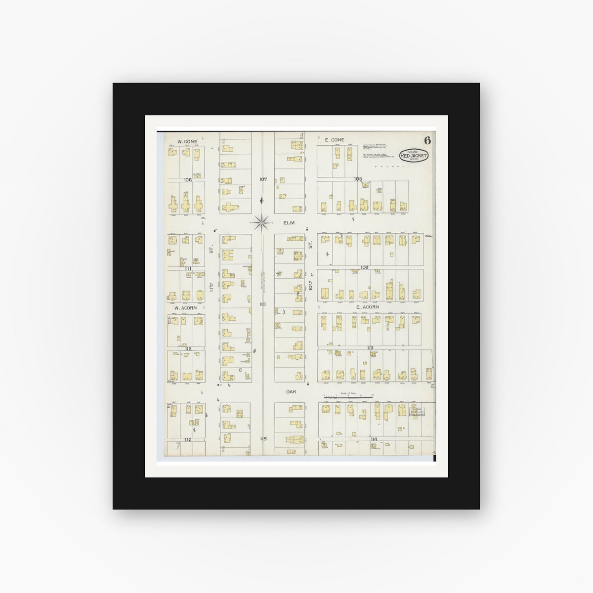 Old map wall art mockup — black gallery frame with white mat — Sanborn Fire Insurance Map from Red Jacket, Houghton County, Michigan (1893), Sheet #0006