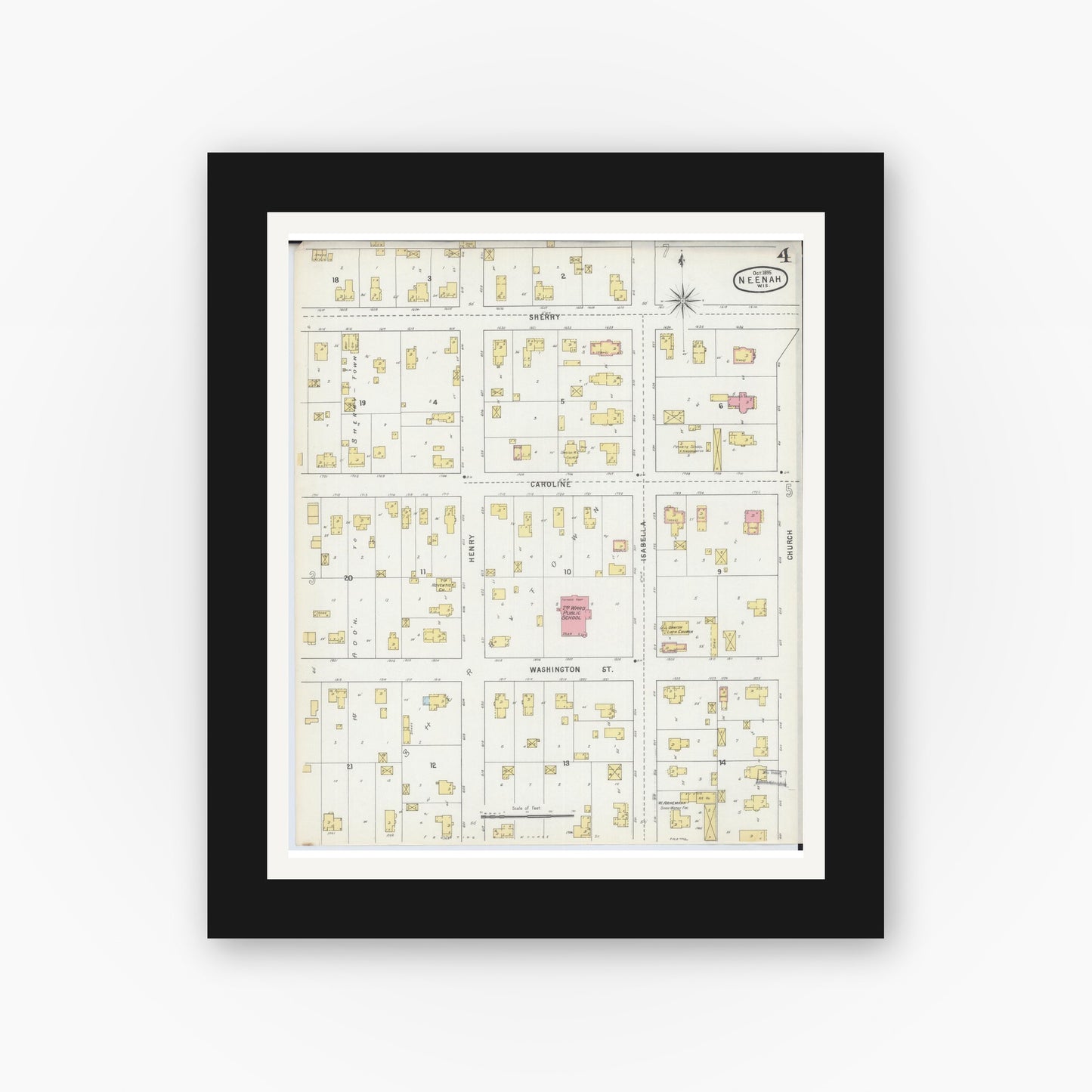 Old map wall art mockup — black gallery frame with white mat — Sanborn Fire Insurance Map from Neenah, Winnebago County, Wisconsin (1895), Sheet #0004