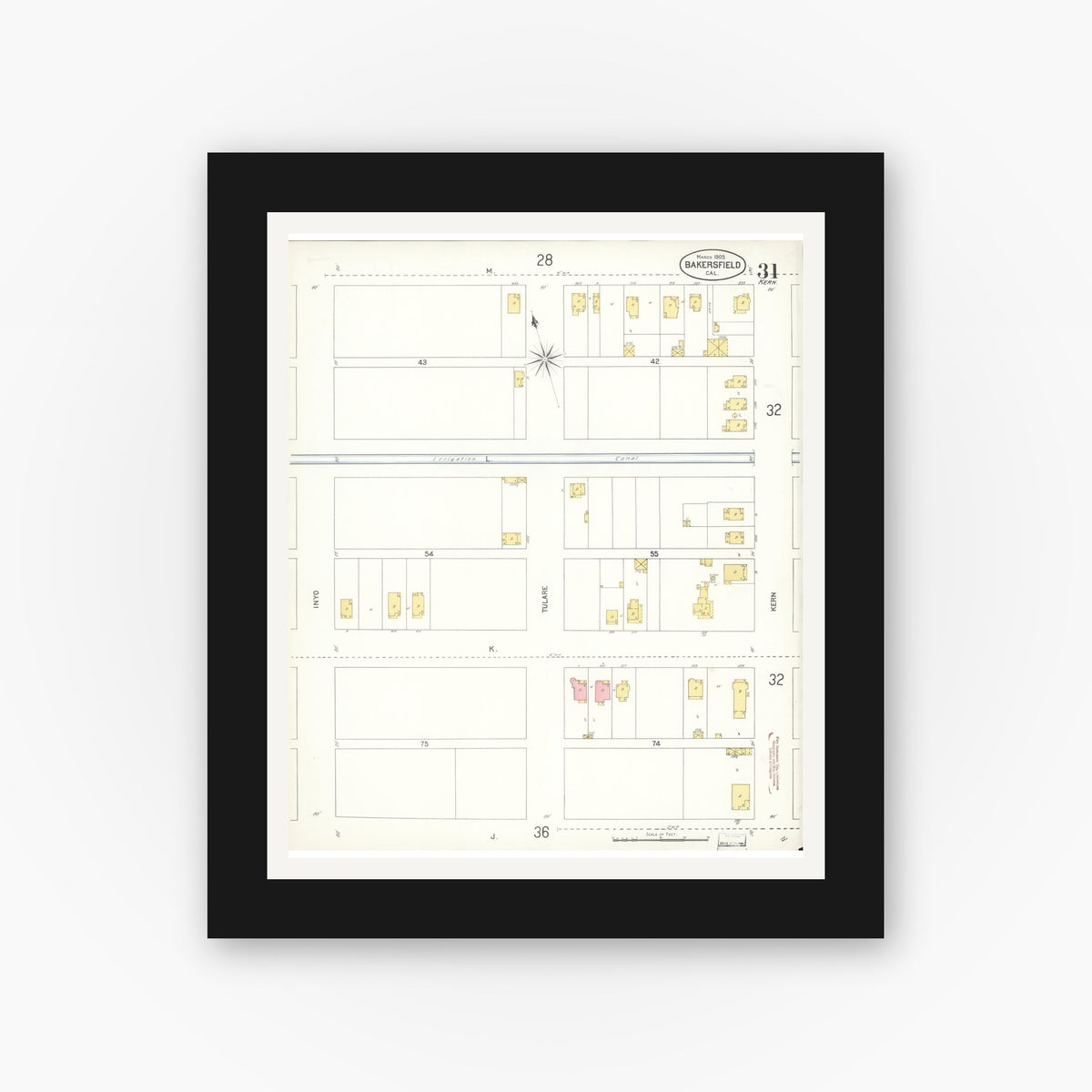 Old map wall art mockup — black gallery frame with white mat — Sanborn Fire Insurance Map from Bakersfield, Kern County, California (1905), Sheet #0031