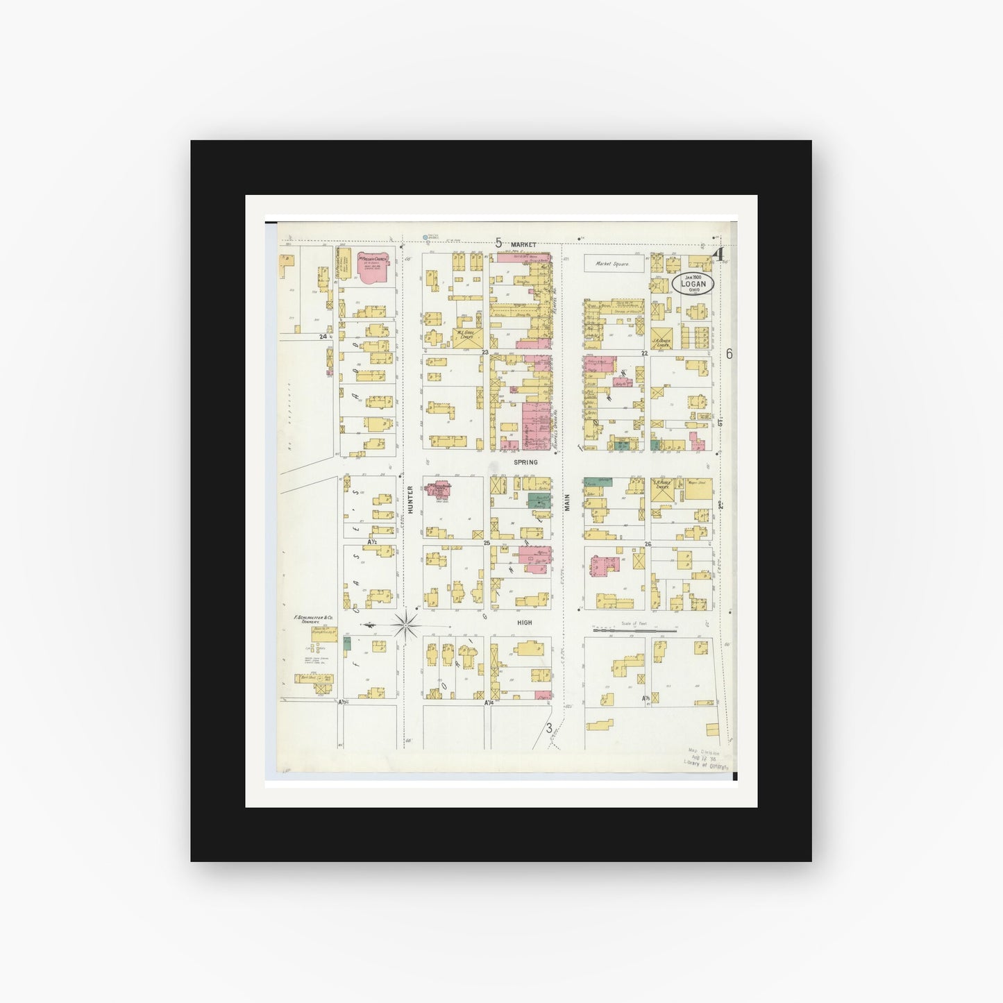Old map wall art mockup — black gallery frame with white mat — Sanborn Fire Insurance Map from Logan, Hocking County, Ohio (1900), Sheet #0004