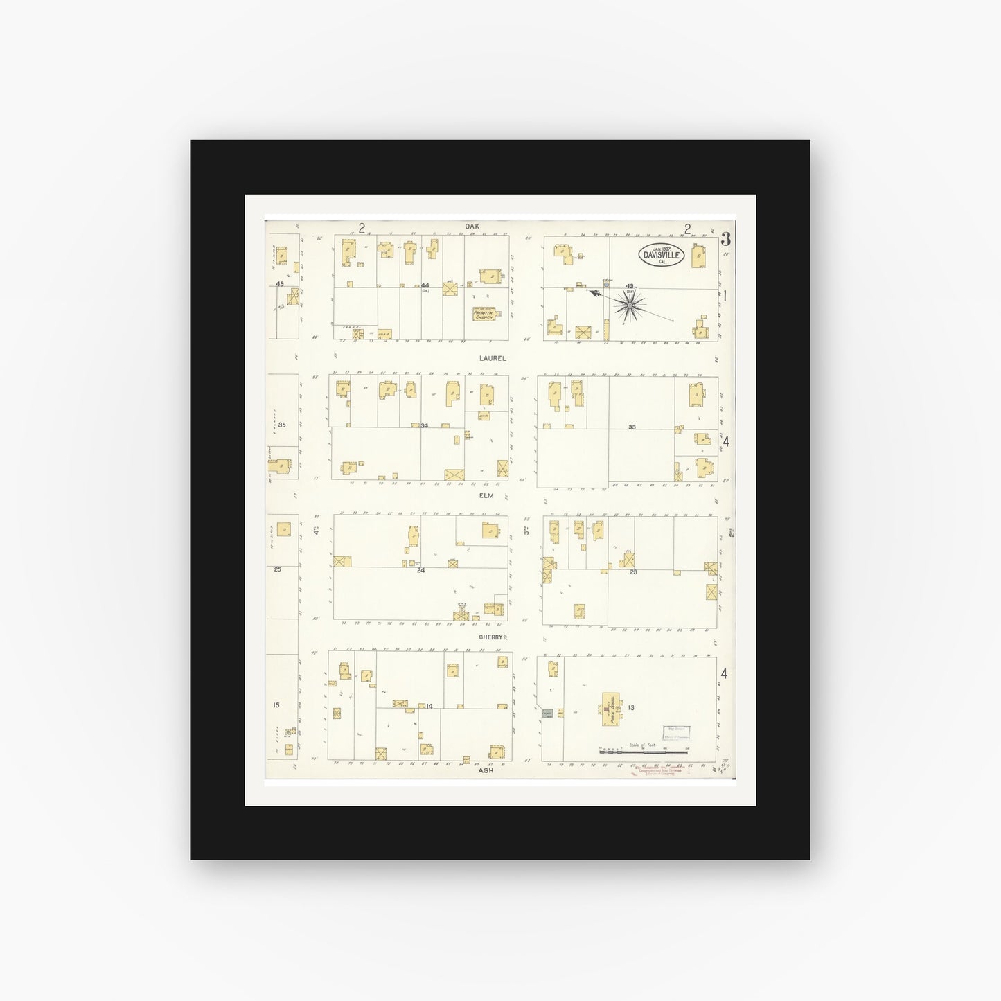 Old map wall art mockup — black gallery frame with white mat — Sanborn Fire Insurance Map from Davis, Yolo County, California (1907), Sheet #0003