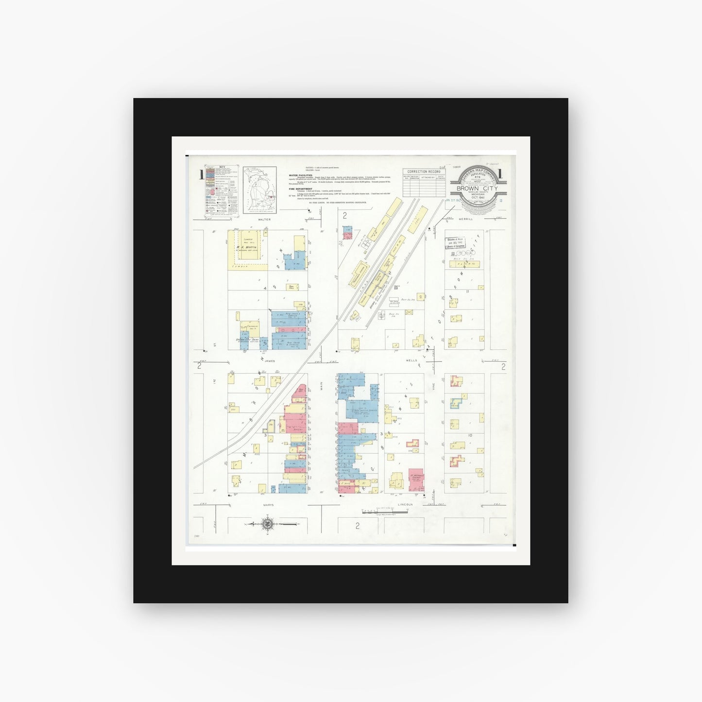 Old map wall art mockup — black gallery frame with white mat — Sanborn Fire Insurance Map from Brown City, Sanilac County, Michigan (1941) - Complete Map Set