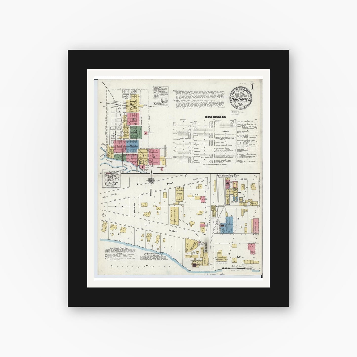 Old map wall art mockup — black gallery frame with white mat — Sanborn Fire Insurance Map from Oak Harbor, Ottawa County, Ohio (1920), Sheet #0001