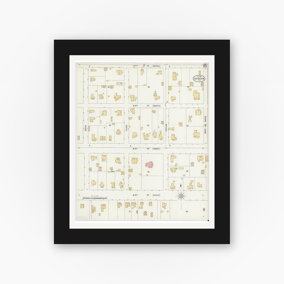 Old map wall art mockup — black gallery frame with white mat — Sanborn Fire Insurance Map from Bonham, Fannin County, Texas (1897), Sheet #0008