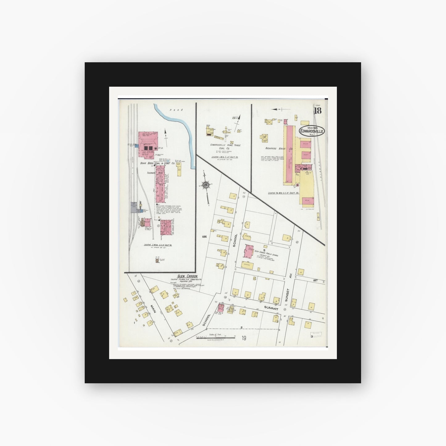 Old map wall art mockup — black gallery frame with white mat — Sanborn Fire Insurance Map from Edwardsville, Madison County, Illinois (1921), Sheet #0018