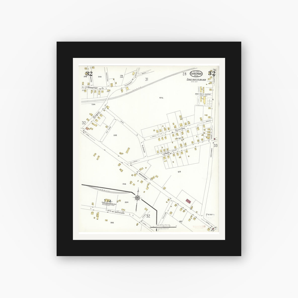 Old map wall art mockup — black gallery frame with white mat — Sanborn Fire Insurance Map from Gardner, Worcester County, Massachusetts (1923), Sheet #0032