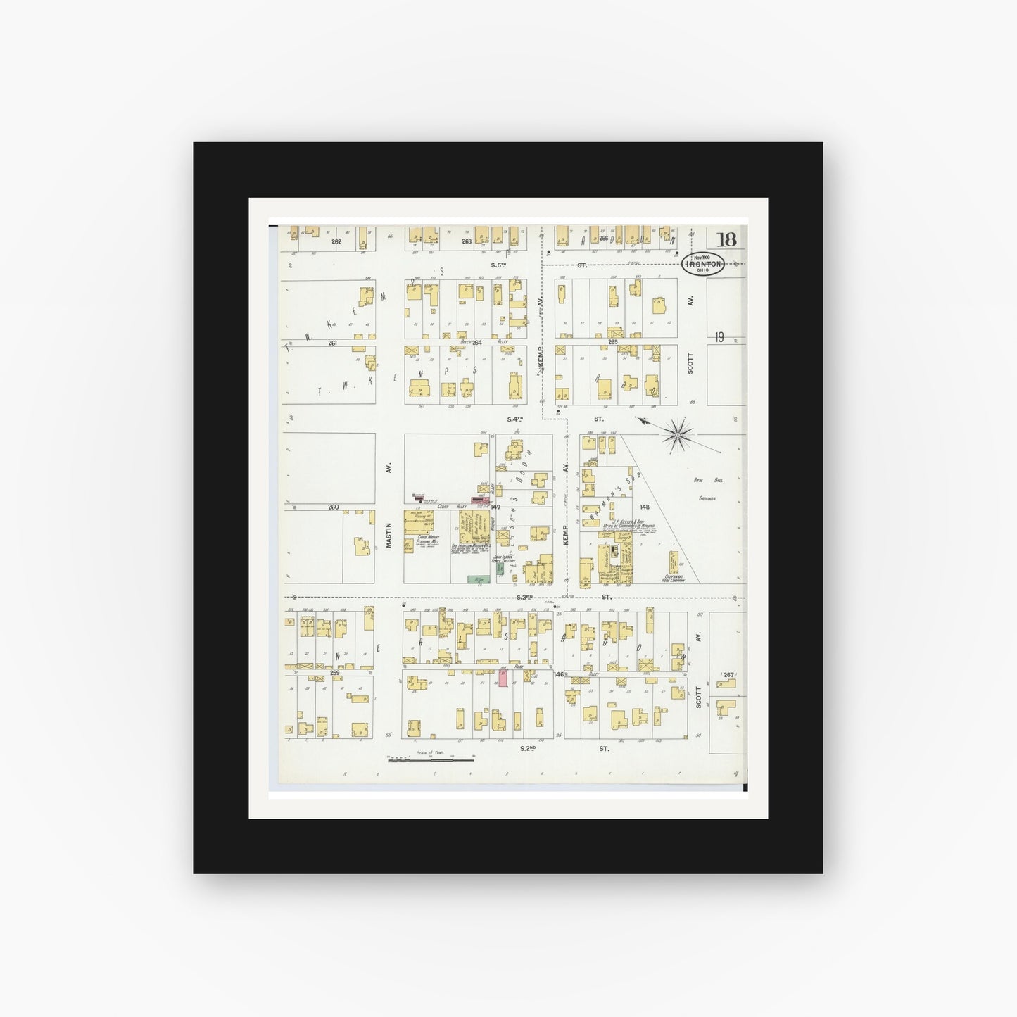 Old map wall art mockup — black gallery frame with white mat — Sanborn Fire Insurance Map from Ironton, Lawrence County, Ohio (1900), Sheet #0018