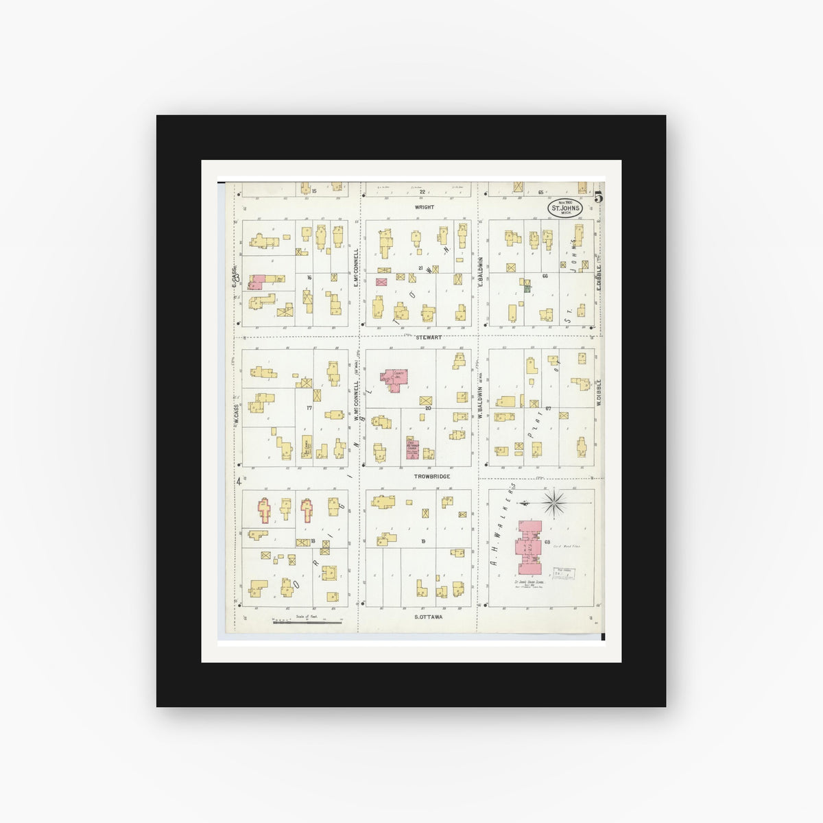Old map wall art mockup — black gallery frame with white mat — Sanborn Fire Insurance Map from Saint Johns, Clinton County, Michigan (1900), Sheet #0005
