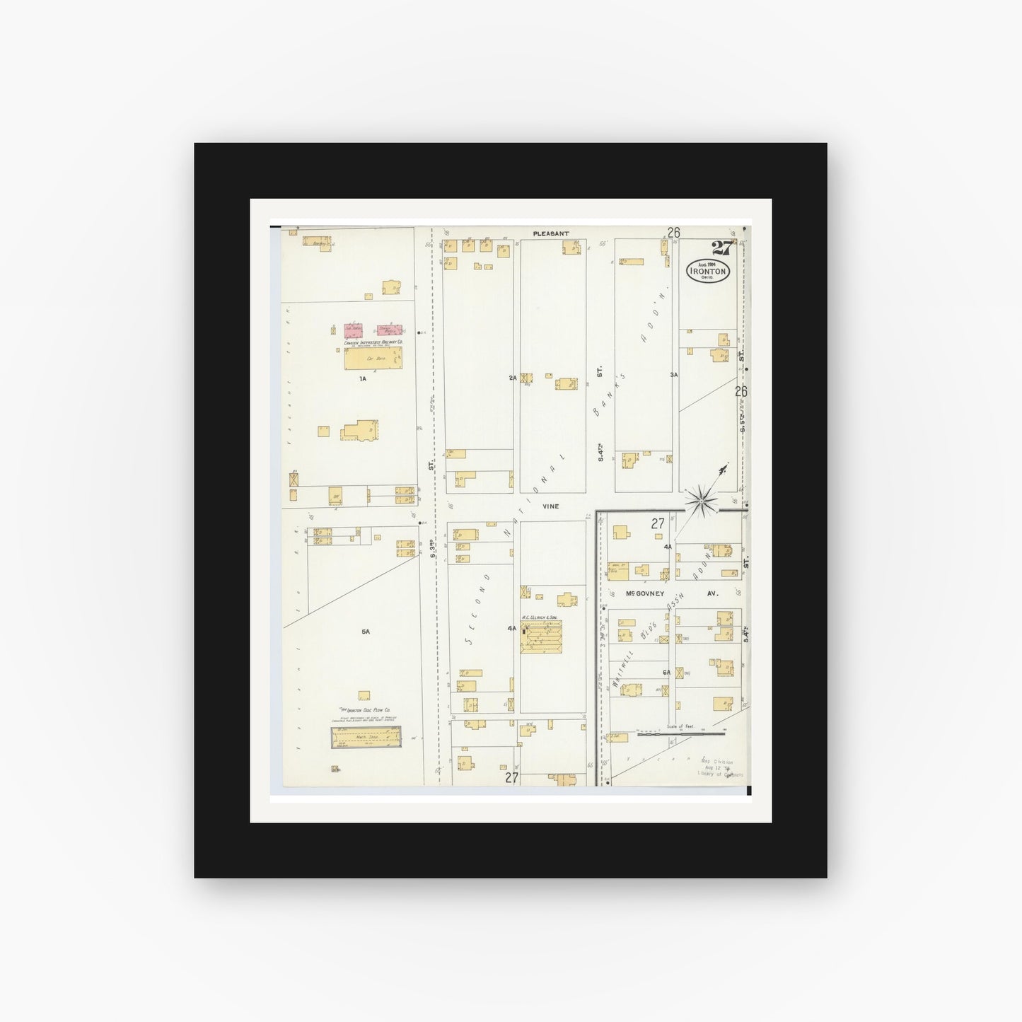 Old map wall art mockup — black gallery frame with white mat — Sanborn Fire Insurance Map from Ironton, Lawrence County, Ohio (1904), Sheet #0027