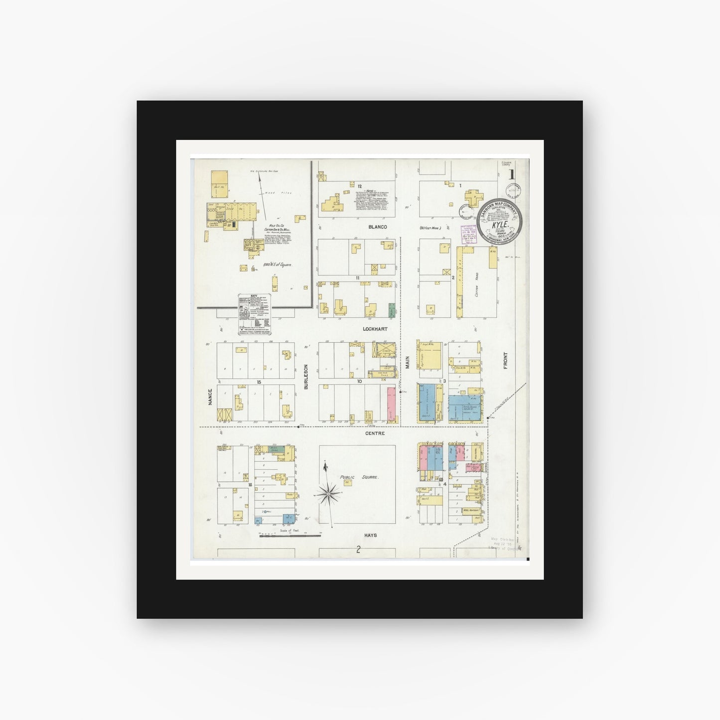 Old map wall art mockup — black gallery frame with white mat — Sanborn Fire Insurance Map from Kyle, Hays County, Texas (1902), Sheet #0001