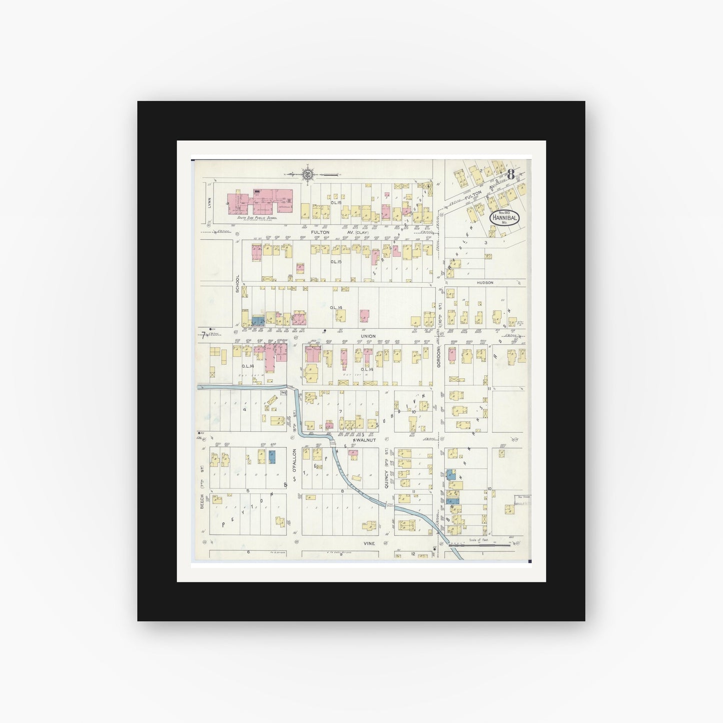 Old map wall art mockup — black gallery frame with white mat — Sanborn Fire Insurance Map from Hannibal, Marion County, Missouri (1913), Sheet #0008