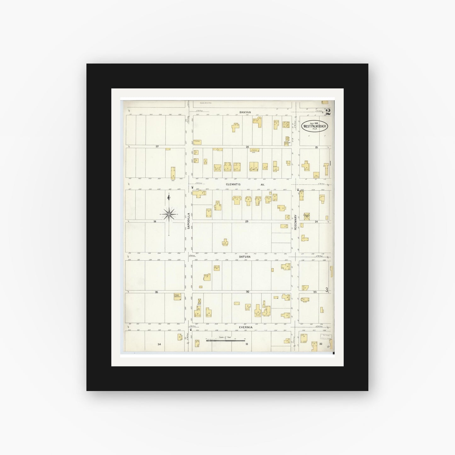 Old map wall art mockup — black gallery frame with white mat — Sanborn Fire Insurance Map from West Palm Beach, Dade County, Florida (1908), Sheet #0002