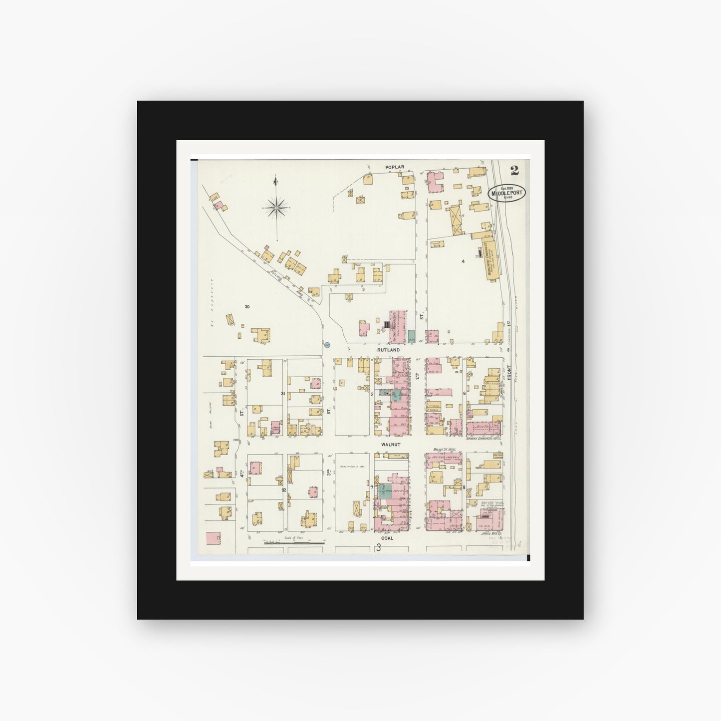 Old map wall art mockup — black gallery frame with white mat — Sanborn Fire Insurance Map from Middleport, Meigs County, Ohio (1899), Sheet #0002