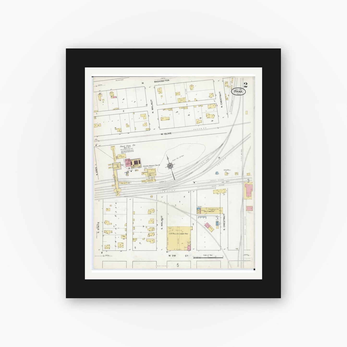 Old map wall art mockup — black gallery frame with white mat — Sanborn Fire Insurance Map from Pana, Christian County, Illinois (1916), Sheet #0002