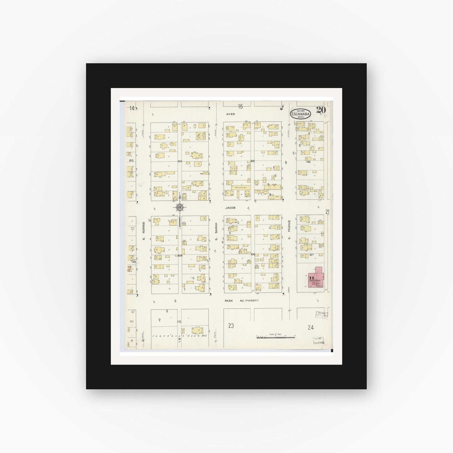 Old map wall art mockup — black gallery frame with white mat — Sanborn Fire Insurance Map from Escanaba, Delta County, Michigan (1913), Sheet #0020