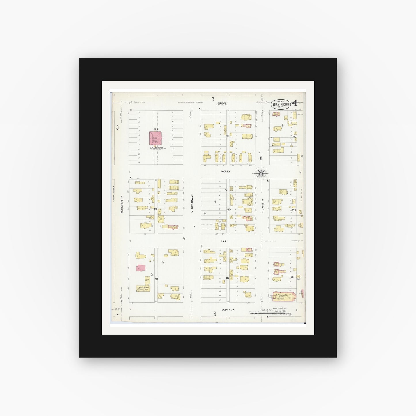 Old map wall art mockup — black gallery frame with white mat — Sanborn Fire Insurance Map from Brainerd, Crow Wing County, Minnesota (1907), Sheet #0004