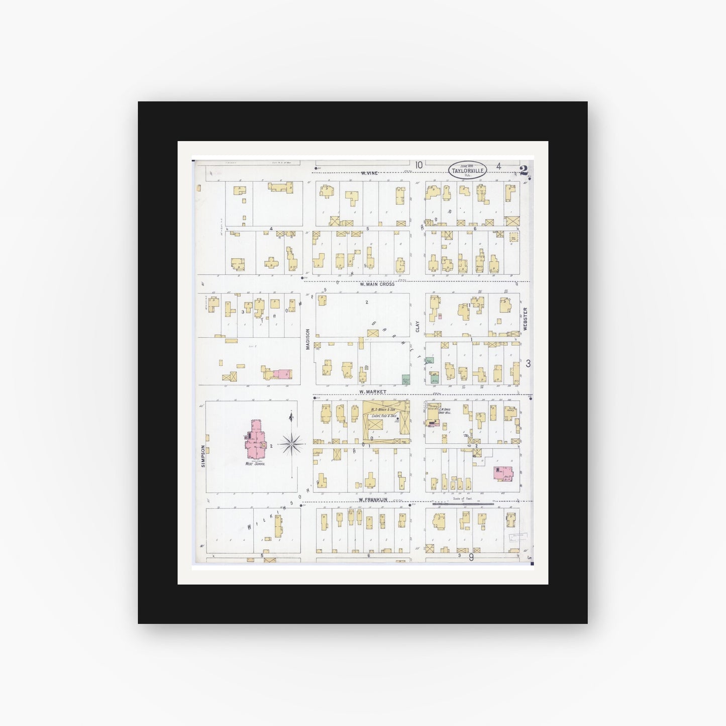 Old map wall art mockup — black gallery frame with white mat — Sanborn Fire Insurance Map from Taylorville, Christian County, Illinois (1899), Sheet #0002
