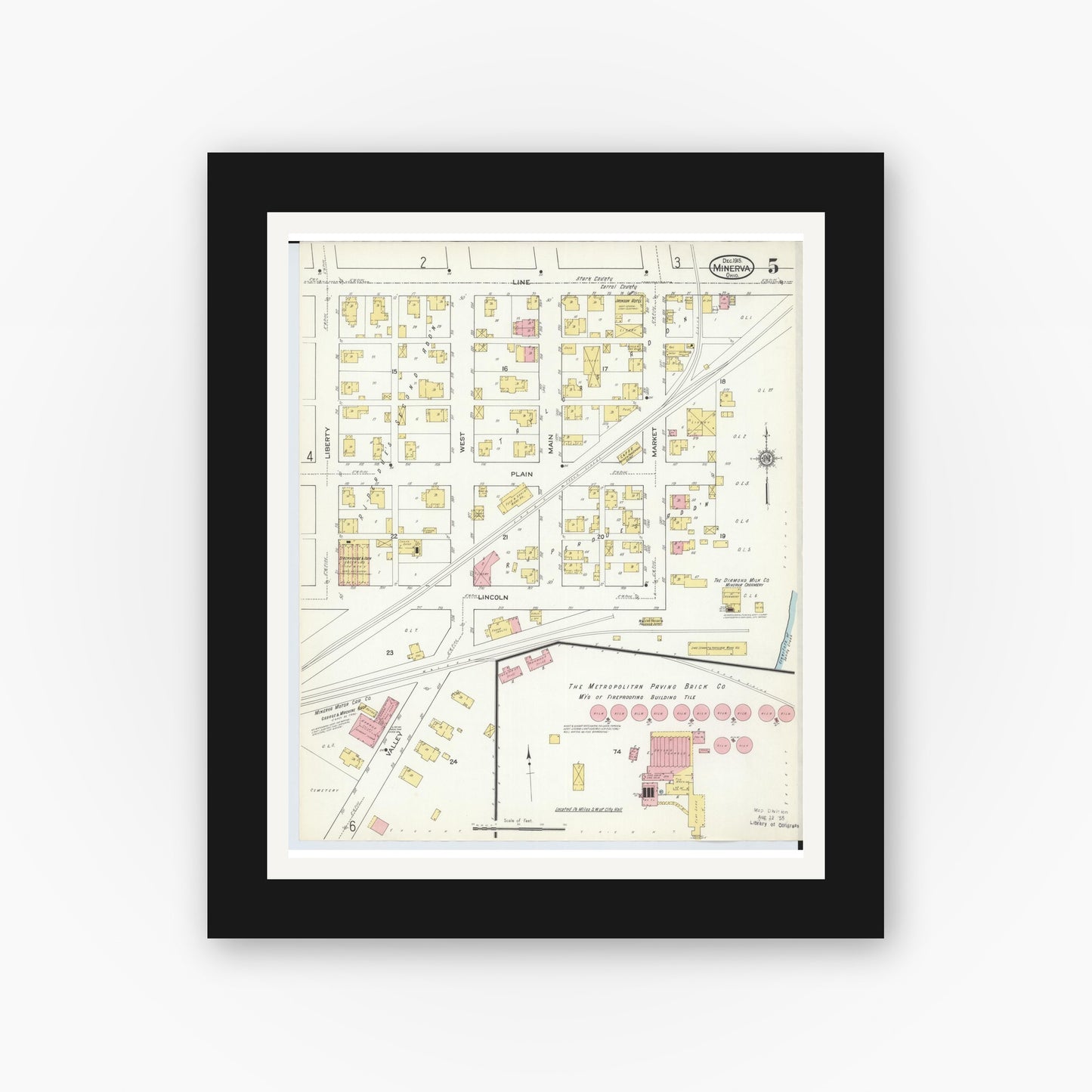 Old map wall art mockup — black gallery frame with white mat — Sanborn Fire Insurance Map from Minerva, Stark And Carroll Counties, Ohio (1915), Sheet #0005