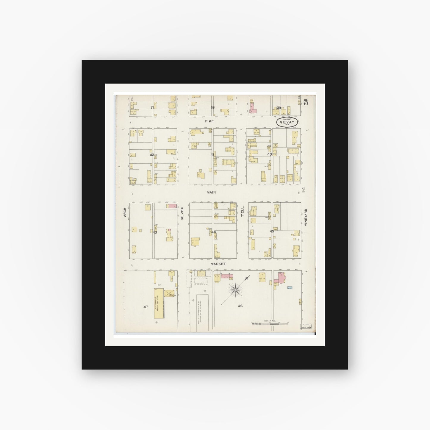 Old map wall art mockup — black gallery frame with white mat — Sanborn Fire Insurance Map from Vevay, Switzerland County, Indiana (1892), Sheet #0005