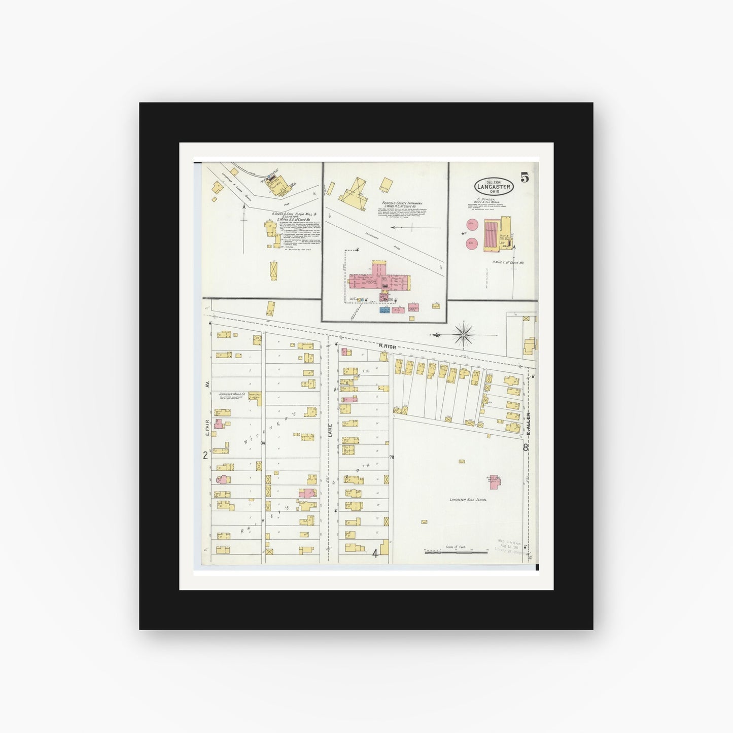 Old map wall art mockup — black gallery frame with white mat — Sanborn Fire Insurance Map from Lancaster, Fairfield County, Ohio (1904), Sheet #0005