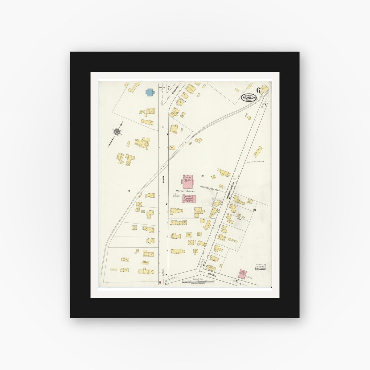 Old map wall art mockup — black gallery frame with white mat — Sanborn Fire Insurance Map from Monson, Hampden County, Massachusetts (1918), Sheet #0006