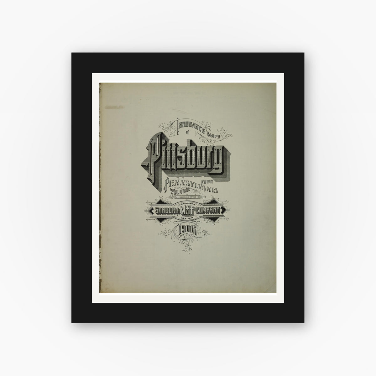 Old map wall art mockup — black gallery frame with white mat — Sanborn Fire Insurance Map from Pittsburgh, Allegheny County, Pennsylvania (1906), Sheet #0001