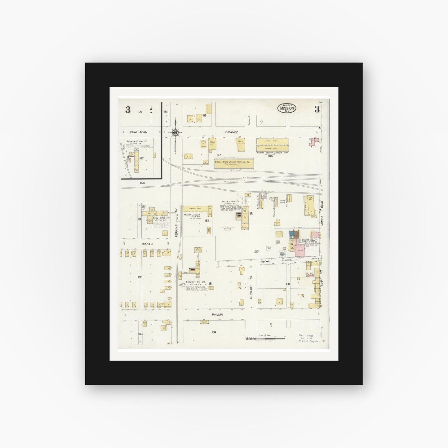 Old map wall art mockup — black gallery frame with white mat — Sanborn Fire Insurance Map from Mission, Hidalgo County, Texas (1925), Sheet #0003