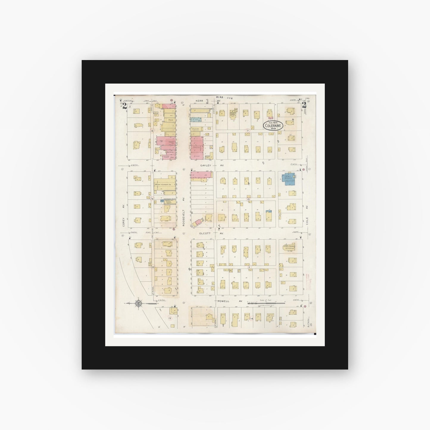 Old map wall art mockup — black gallery frame with white mat — Sanborn Fire Insurance Map from Coleraine, Itasca County, Minnesota (1944), Sheet #0002