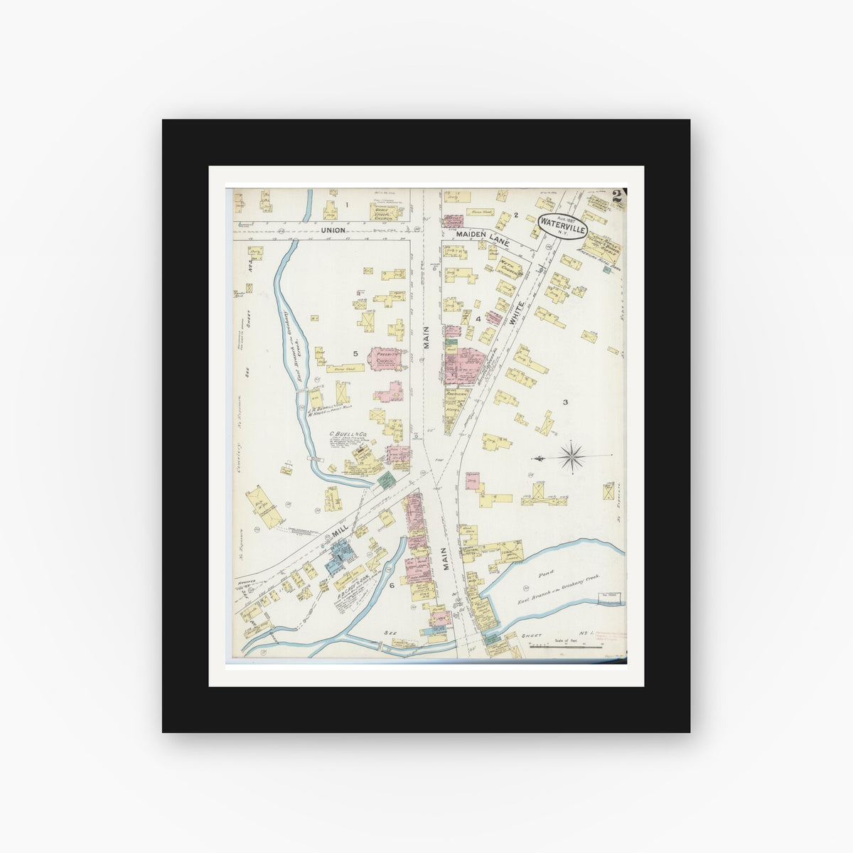 Old map wall art mockup — black gallery frame with white mat — Sanborn Fire Insurance Map from Waterville, Oneida County, New York (1887), Sheet #0002