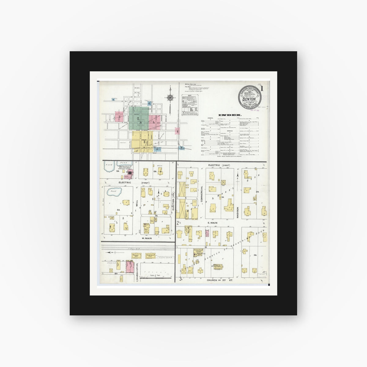 Old map wall art mockup — black gallery frame with white mat — Sanborn Fire Insurance Map from Benton, Franklin County, Illinois (1910), Sheet #0001