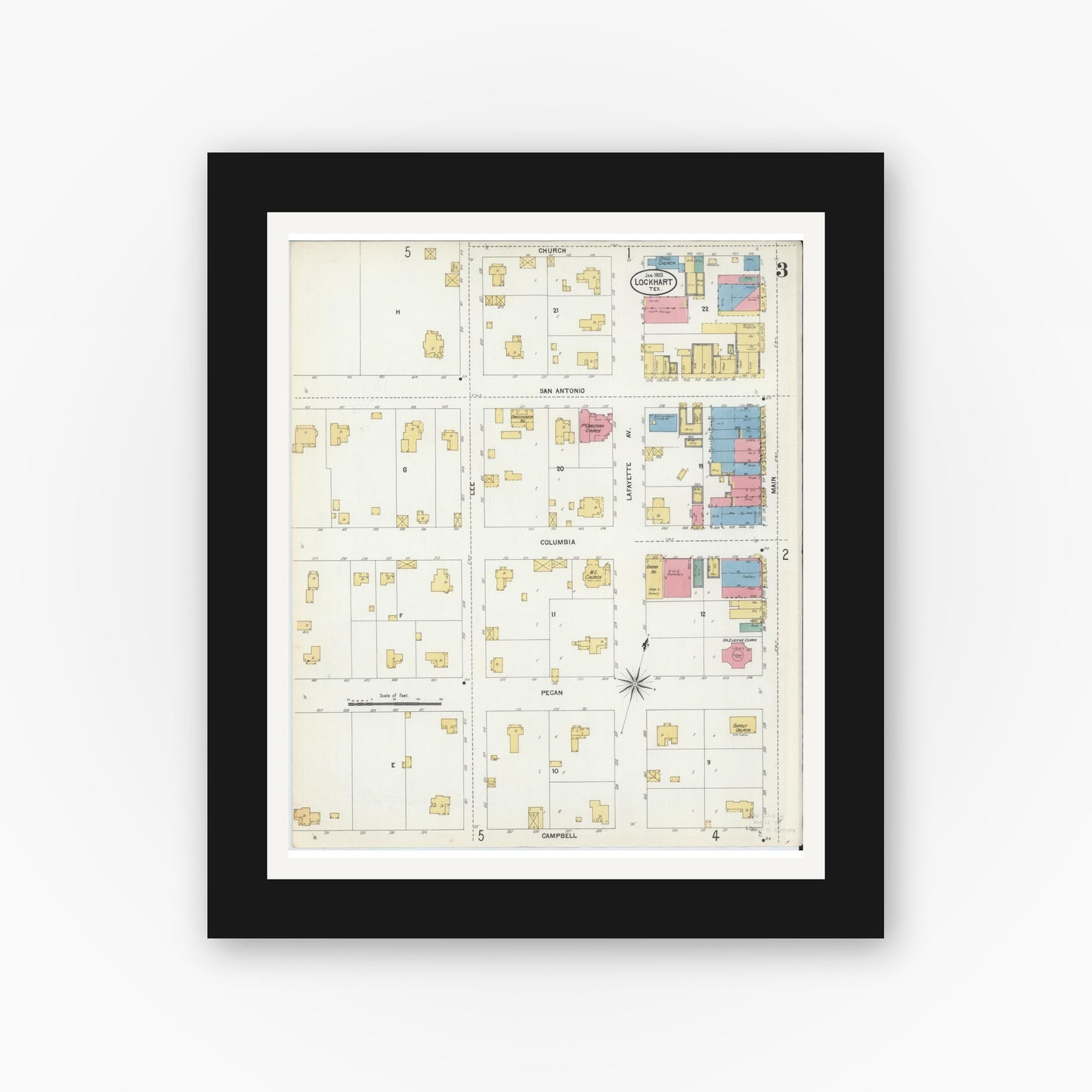 Old map wall art mockup — black gallery frame with white mat — Sanborn Fire Insurance Map from Lockhart, Caldwell County, Texas (1903), Sheet #0003