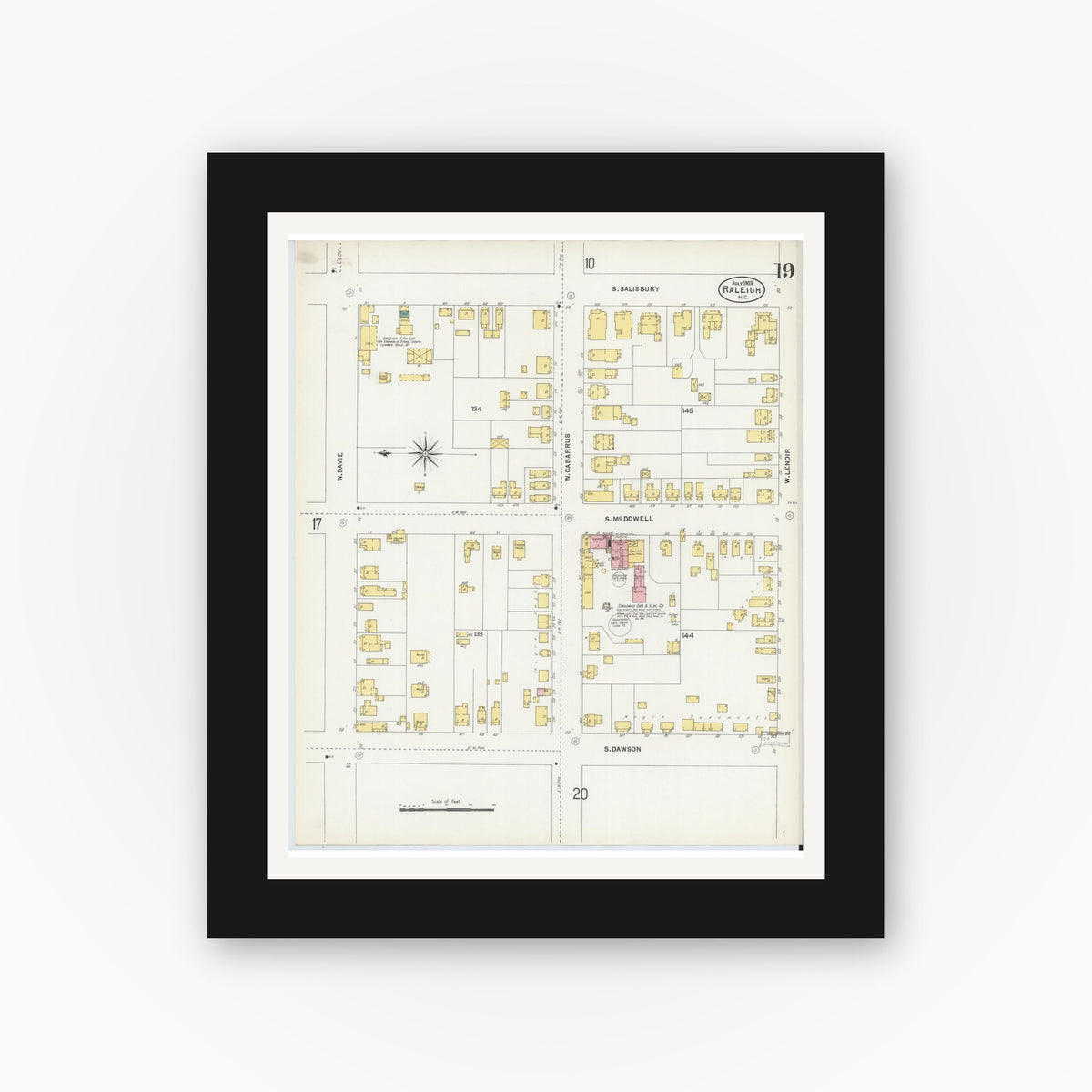 Old map wall art mockup — black gallery frame with white mat — Sanborn Fire Insurance Map from Raleigh, Wake County, North Carolina (1903), Sheet #0019