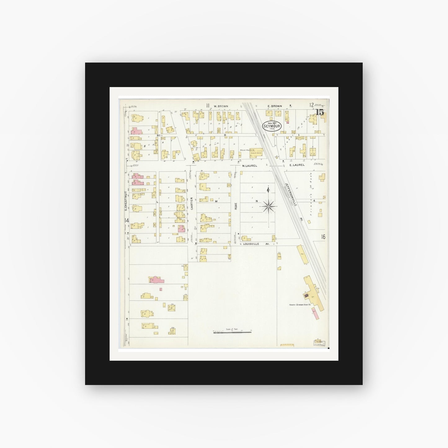Old map wall art mockup — black gallery frame with white mat — Sanborn Fire Insurance Map from Seymour, Jackson County, Indiana (1907), Sheet #0015