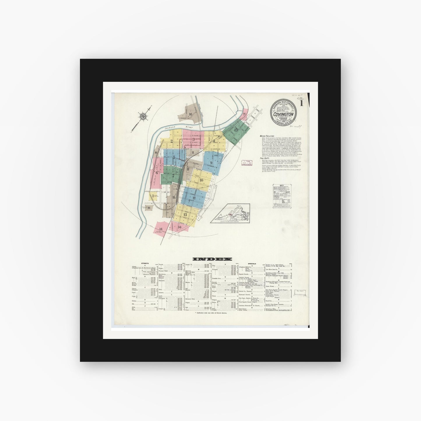Old map wall art mockup — black gallery frame with white mat — Sanborn Fire Insurance Map from Covington, Independent Cities, Virginia (1913) - Complete Map Set